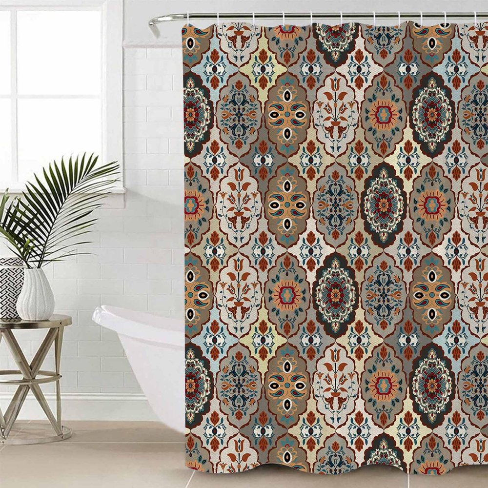 Double Love Abstract FlowerBathroom Curtain 72 Inch Shower Curtain with Hooks, Waterproof Polyester Bath Curtain Washable Bathtub Curtain Oriental Bohemia Brown Geometric Leaves 72''x 72''
