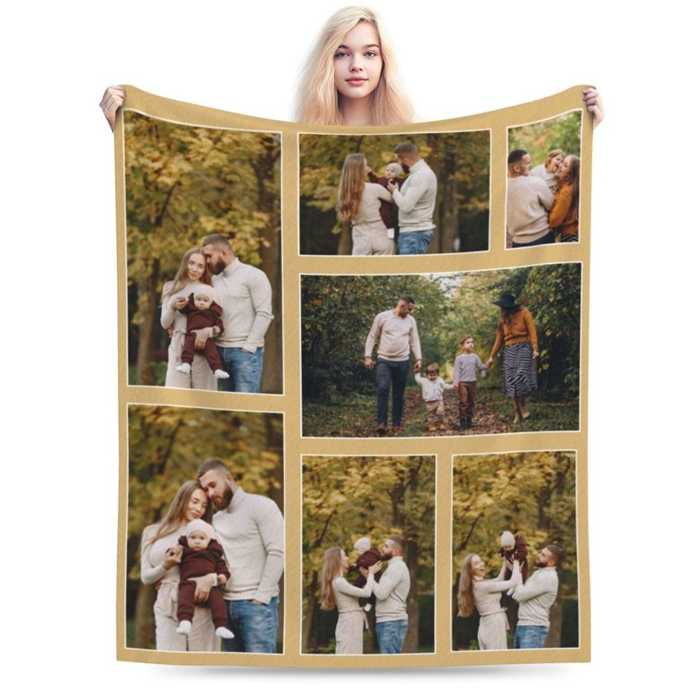Xswzaqolk Custom Blankets with Picture Text Design Your Own Personalized Flannel Throw Blankets for Birthday Christmas Halloween Fathers Mothers Valentines Day Gift, 7 Photos, 71"x91"