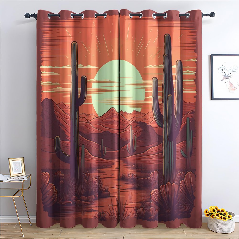 Arizona Desert Blackout Curtains for Bedroom Living Room, Cactus Curtains & Home Decor, Sunset Landscape Window Curtains, Thermal Room Darkening Grommet Drapes, 45 Inch Curtains 2 Panel Set