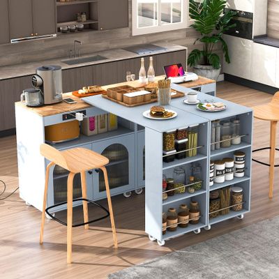 Acosure Rolling Kitchen Island with Extended Table and LED Lights,Storage Cart on Wheels W/Power Outlets & 2 Fluted Glass Doors,A Compartment,Side 3 Open Shelves,for Home Dining Room,Grey