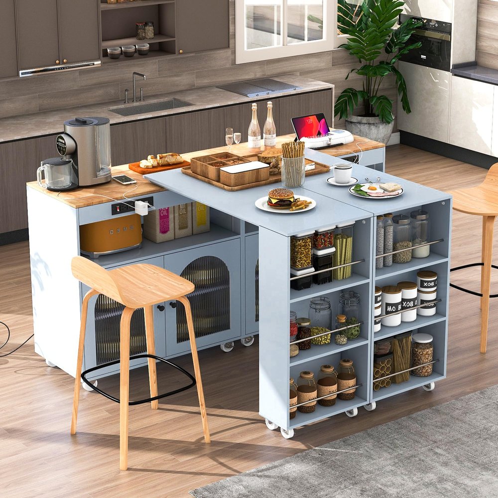 Acosure Rolling Kitchen Island with Extended Table and LED Lights,Storage Cart on Wheels W/Power Outlets & 2 Fluted Glass Doors,A Compartment,Side 3 Open Shelves,for Home Dining Room,Grey