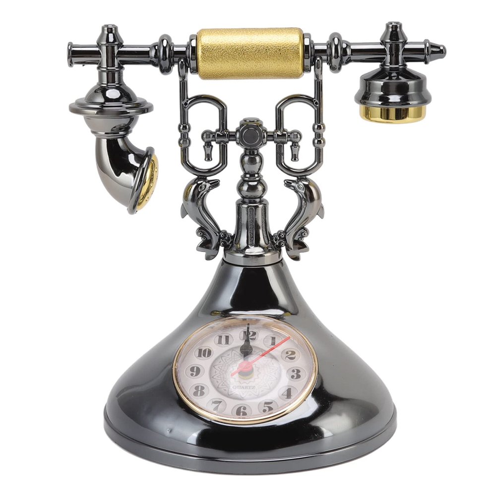 Retro Telephone Alarm Clock, Old Fashioned Royal Style Telephone Clock Antique Telephone Table Clock Model for Home Decorations (black)
