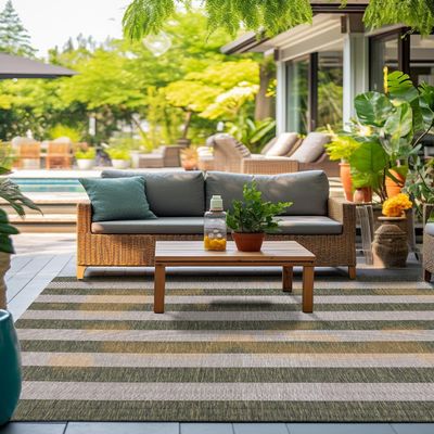 Unique Loom Outdoor Striped Collection Area Rug - Distressed Stripe (7' 10" Square Green/Gray)
