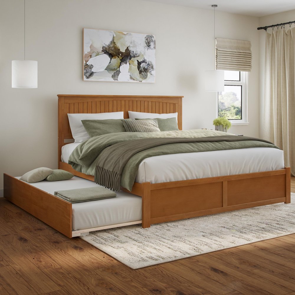 AFI Nantucket King Solid Wood Platform Bed with Footboard & Twin XL Trundle in Light Toffee
