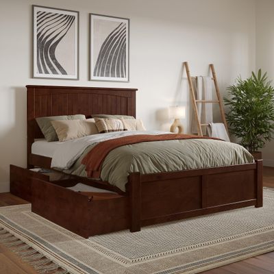 AFI Nantucket Full Solid Wood Platform Bed with Footboard & Storage Drawers in Walnut