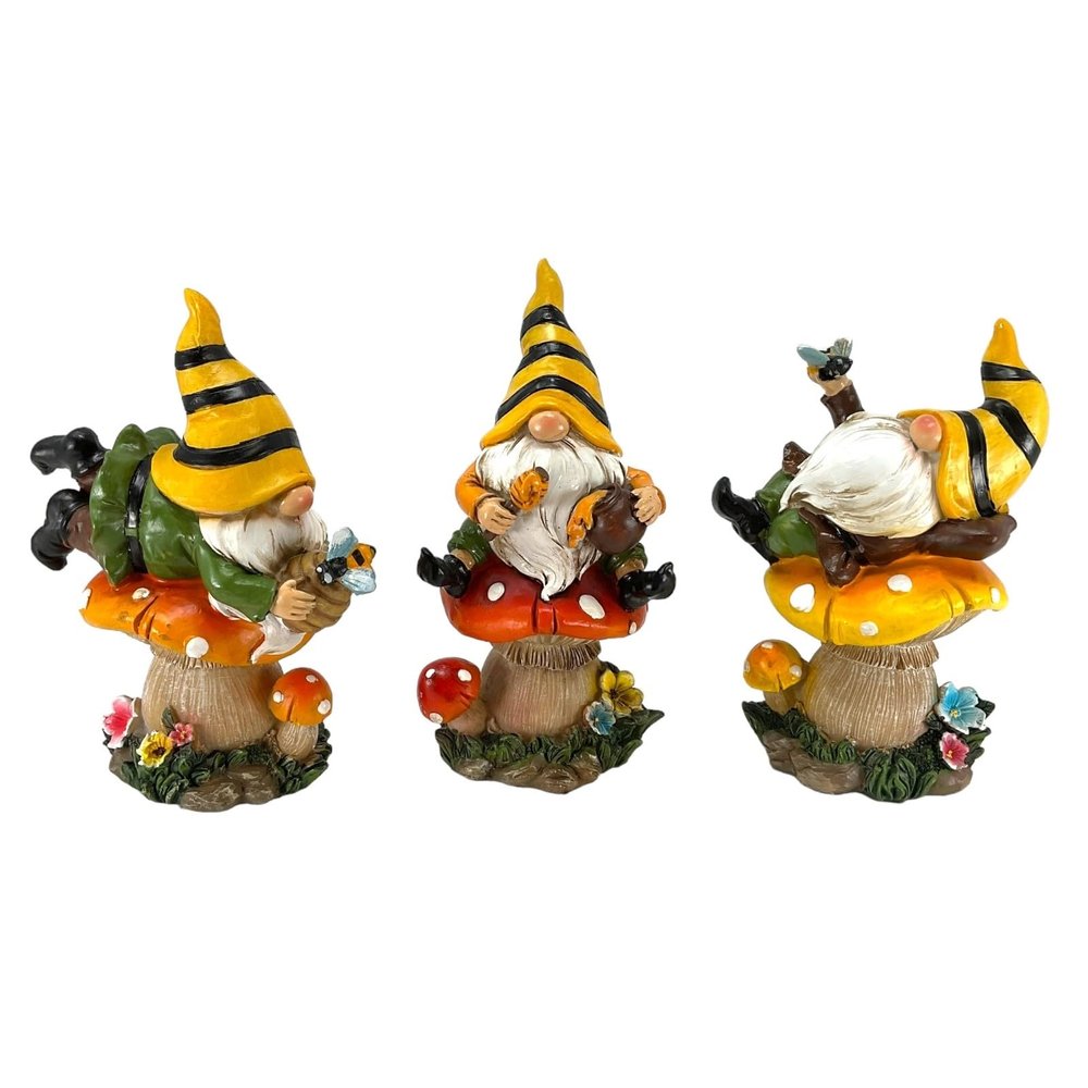 Gnome on Spring Mushroom Figurine 3 Piece Set 6.5 Inch