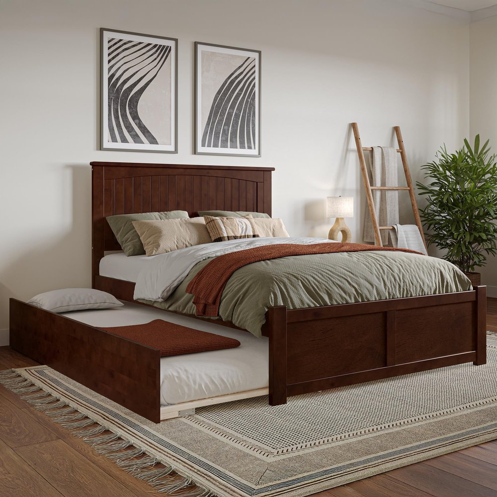 AFI Nantucket Full Solid Wood Platform Bed with Footboard & Twin Trundle in Walnut