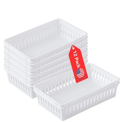 Tribello Plastic Bin Baskets for Organizing, White Storage Tray, Rectangle 9 x 6 x 2 - Pack of 12 - Made in USA (12 Pack)