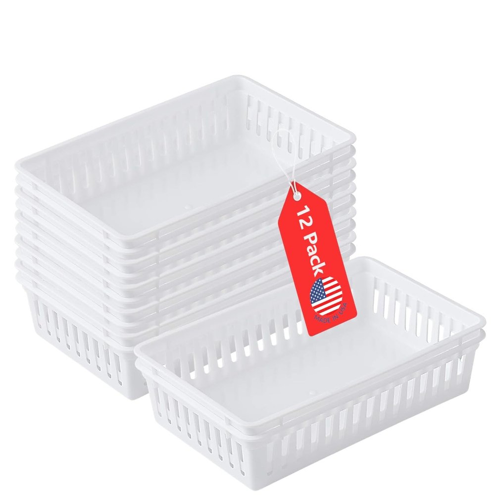 Tribello Plastic Bin Baskets for Organizing, White Storage Tray, Rectangle 9 x 6 x 2 - Pack of 12 - Made in USA (12 Pack)