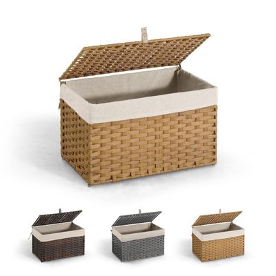 CAPHAUS Foldable Laundry Basket w/Lid, Synthetic Rattan Hamper w/Handles, 2 Removable Liner Bags, Large Storage Basket, 65L, Natural