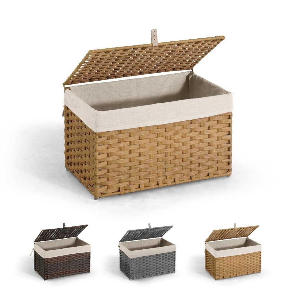 CAPHAUS Foldable Laundry Basket w/Lid, Synthetic Rattan Hamper w/Handles, 2 Removable Liner Bags, Large Storage Basket, 65L, Natural