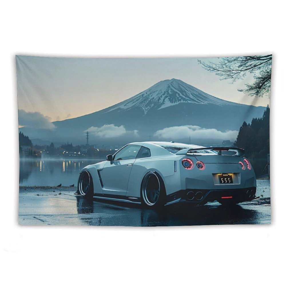 FoRes Car Tapestry White Jdm Car R35 Mount Fuji Lake Surface Wall Hanging Bedroom Home Decor Tapestries Aesthetic Picnic Wall Decor Wall Art for Dorm Living Room 40""x60"", style