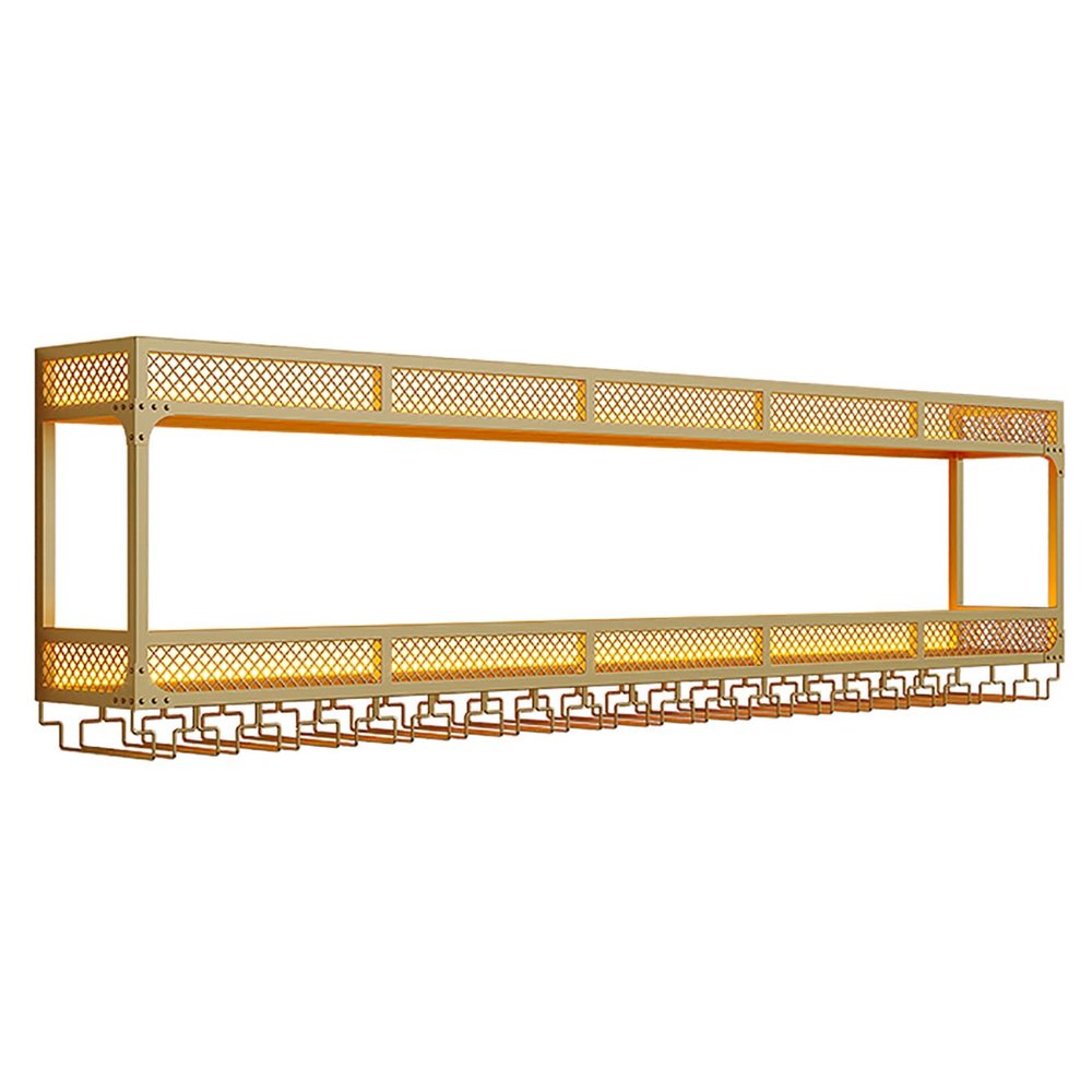 2-Tier Wall Mounted Wine Rack with LED Light, Hanging Industrial Wine Racks, Bar Unit Floating Shelves, Modern Metal Wine Display Rack, for Home Bar, Dining Room, Kitchen, Living Room (Color : Gold,