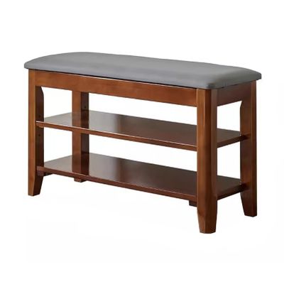 KAMPCO Solid Wood Shoe Storage Bench, 3-Tier Entryway Storage Bench with PU Leather Seat Cushion, Shoe Organizer for Hallway Living Room Bathroom, Brown