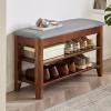KAMPCO Solid Wood Shoe Storage Bench, 3-Tier Entryway Storage Bench with PU Leather Seat Cushion, Shoe Organizer for Hallway Living Room Bathroom, Brown view 2