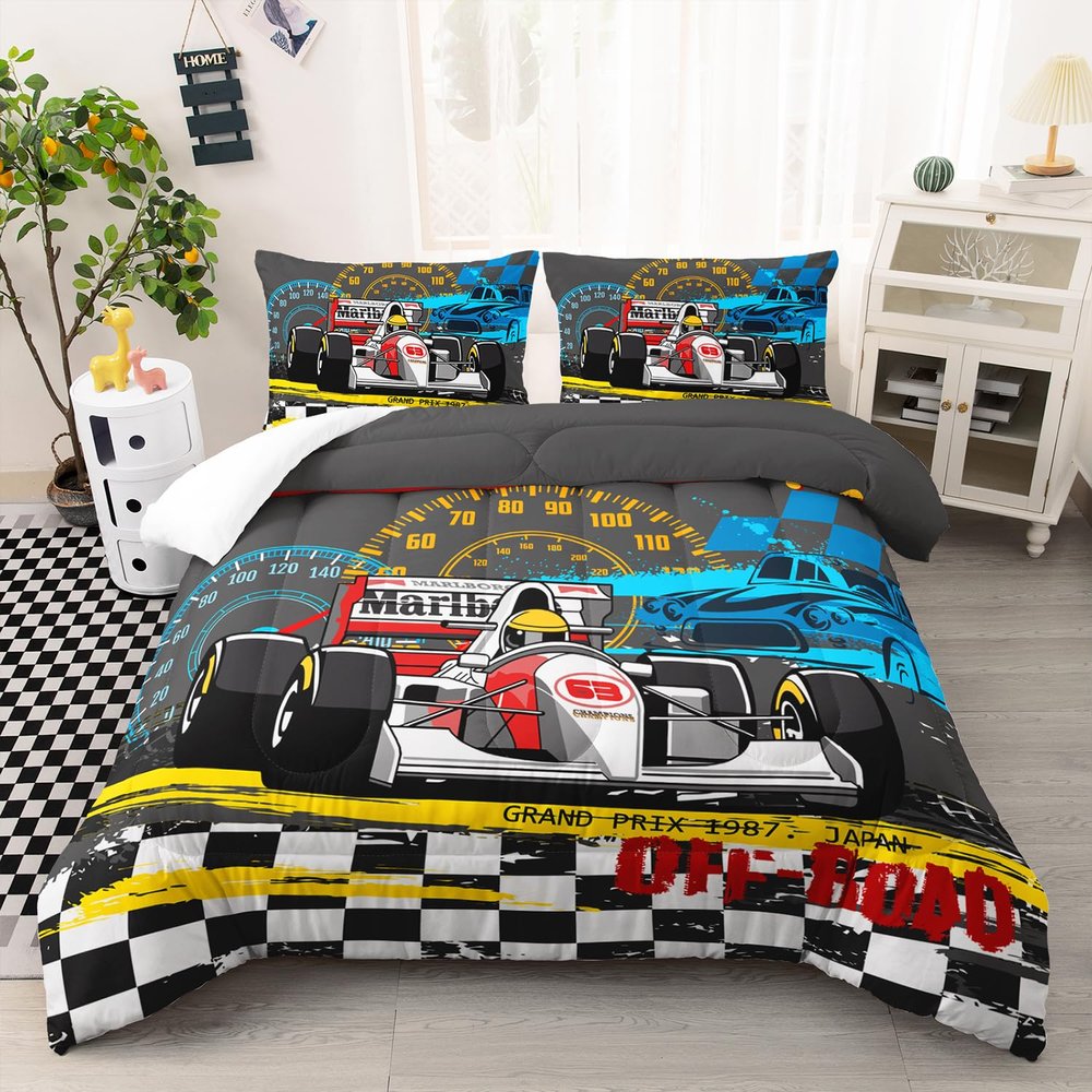 AILONEN Cartoon Racing Car Comforter Set Full Size, Extreme Sports Theme Bedding Set,Black White Grid Sheet Set,Race Car Bed in a Bag,Cool Sports Car Bedsheets Set,1 Fitted Sheet 2 Pillowcases