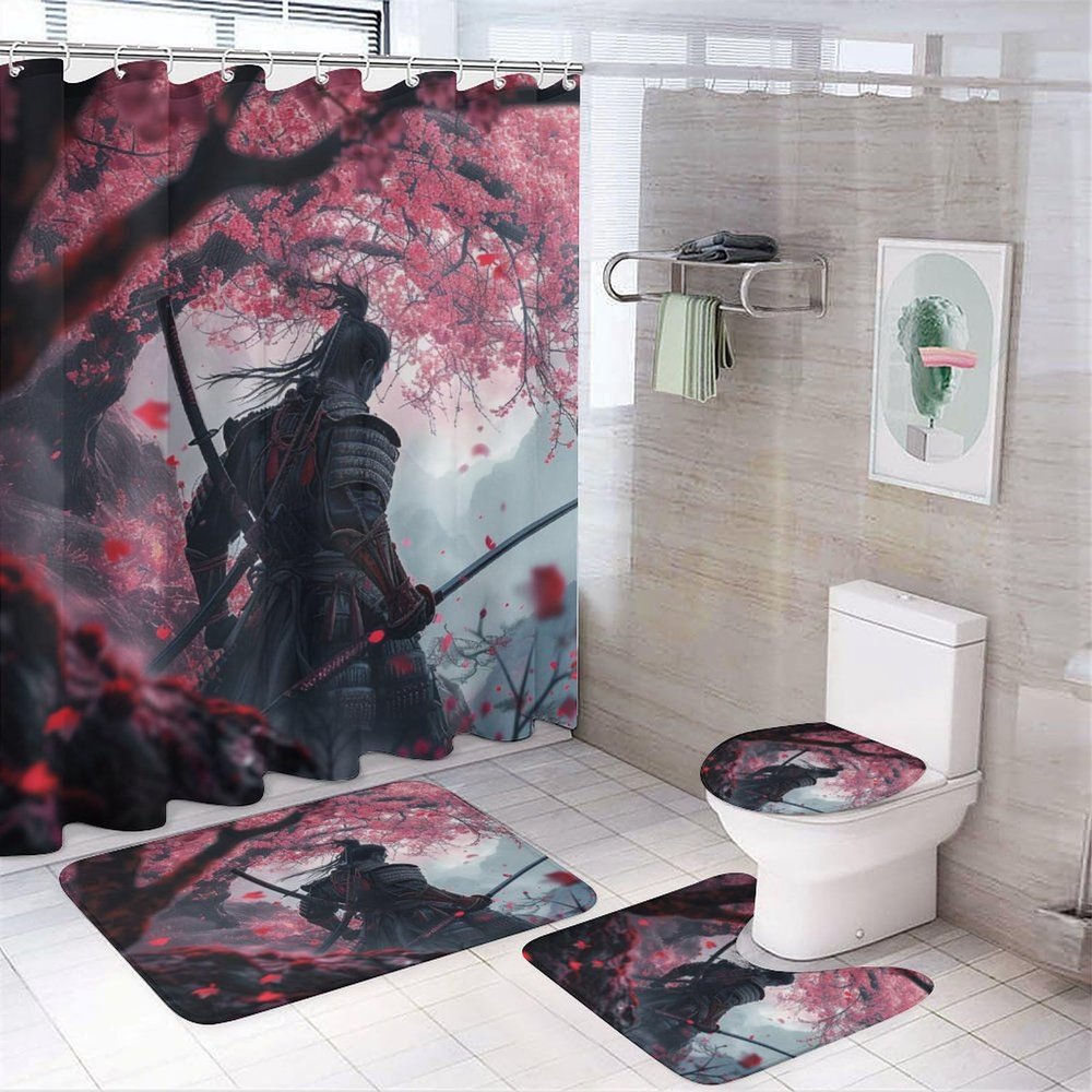 FBMLBRB Brebasf Modern Japan Samurai Cherry Blossoms for Bathroom Shower Curtains Sets with Rugs 4Pcs Abstract Spring Nature Landscape Game Samurai Shower Curtains Sets (12Hooks)