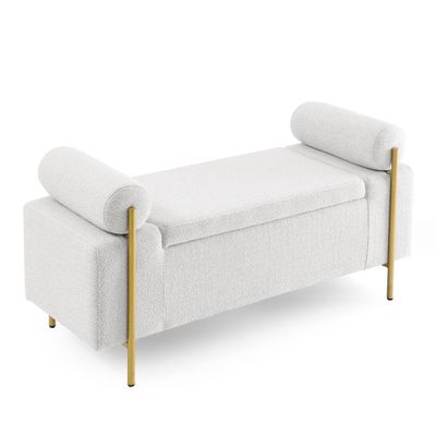 GERRIT Elegant Upholstered Linen Storage Bench with Cylindrical Arms, Storage Ottoman Bench with Electroplate Iron Legs for Hallway, Living Room, Bedroom (White)