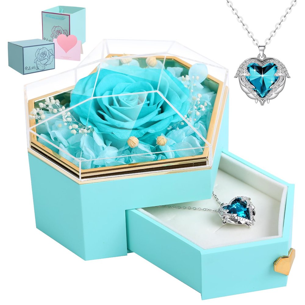 Preserved Cyan Real Rose with Necklace Forever Flowers Diamond shaped Box for Mom Wife Girlfriend Grandma on Mothers Day Birthday Valentines Christmas Anniversary Beatiful Gifts for women
