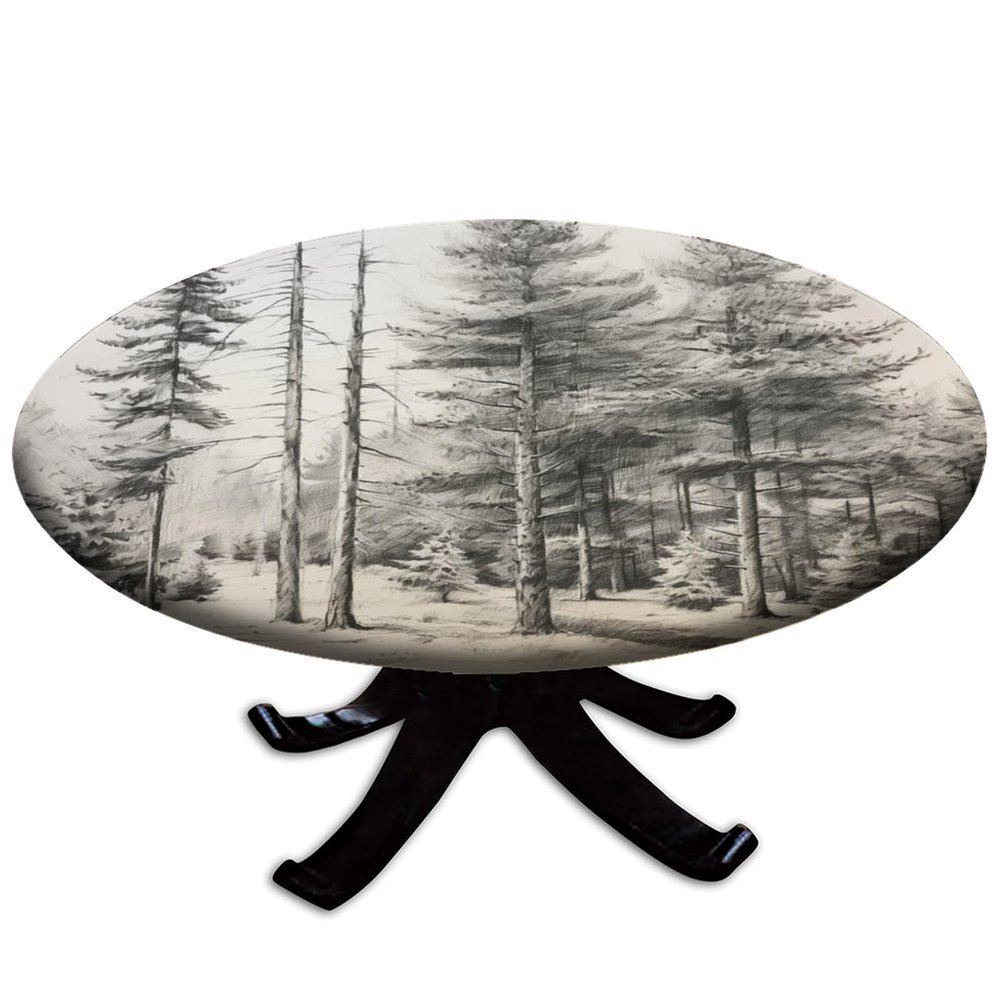 Barsada Ink Forest Grey Print Round Tablecloth, Waterproof Wipeable Decorative Table Cover, for Parties Kitchen Dinning and Outdoor Fit for 44"" Table, GQ-SBZB-2402ixO1186-D130