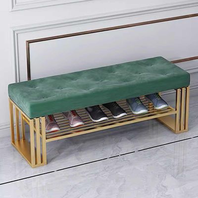 HomeLoft Basics Entrance Bench with Shoe Storage, Gold Metal Shoe Rack with Velvet Seat Cushion, 2 Layers Narrow Hallway Bench Indoor, 60cm, Green