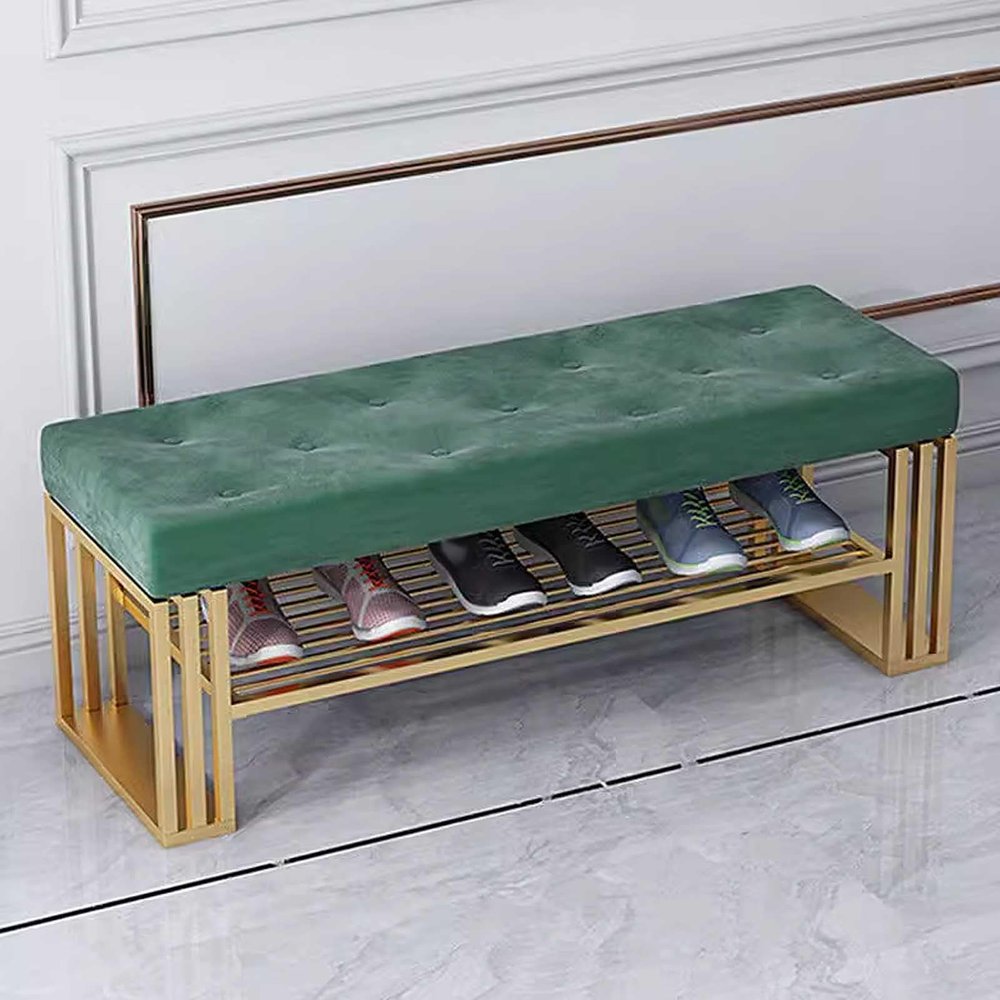 HomeLoft Basics Entrance Bench with Shoe Storage, Gold Metal Shoe Rack with Velvet Seat Cushion, 2 Layers Narrow Hallway Bench Indoor, 60cm, Green
