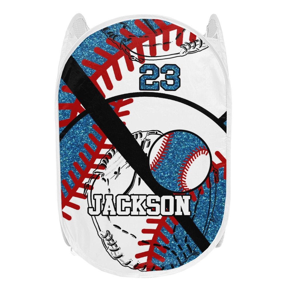 YUKILUKA Baseball Team Player Gym Ocean Laundry Hamper, Foldable Pop-up Mesh Hamper Dirty Clothes Basket Collapsible for Storage With Durable Handles, Custom 8th, 15X15X24IN