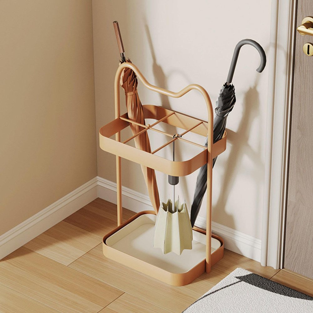 Metal Umbrella Holder Stand with Removable Drip Tray - Free Standing Umbrella Rack Organizer with 6 Slots 2 Hooks for Entryway Home Office Patio Decor - Holds Long and Short Umbrellas,Orange