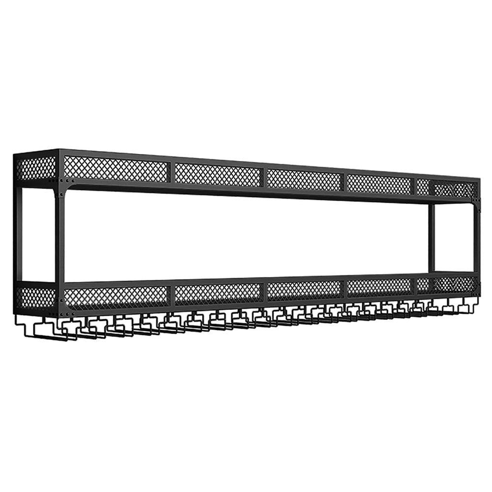 2-Tier Wall Mounted Wine Rack with LED Light, Hanging Industrial Wine Racks, Bar Unit Floating Shelves, Modern Metal Wine Display Rack, for Home Bar, Dining Room, Kitchen, Living Room (Color : Black