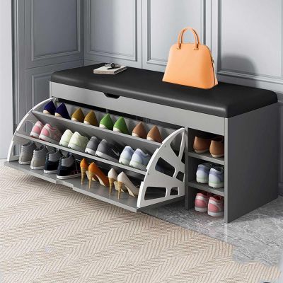 Shoe Ottoman Bench, 3 Tier Hidden Shoe Storage Cabinet with PU Leather Seat Cushion and Flip Drawer for Hallway Entryway