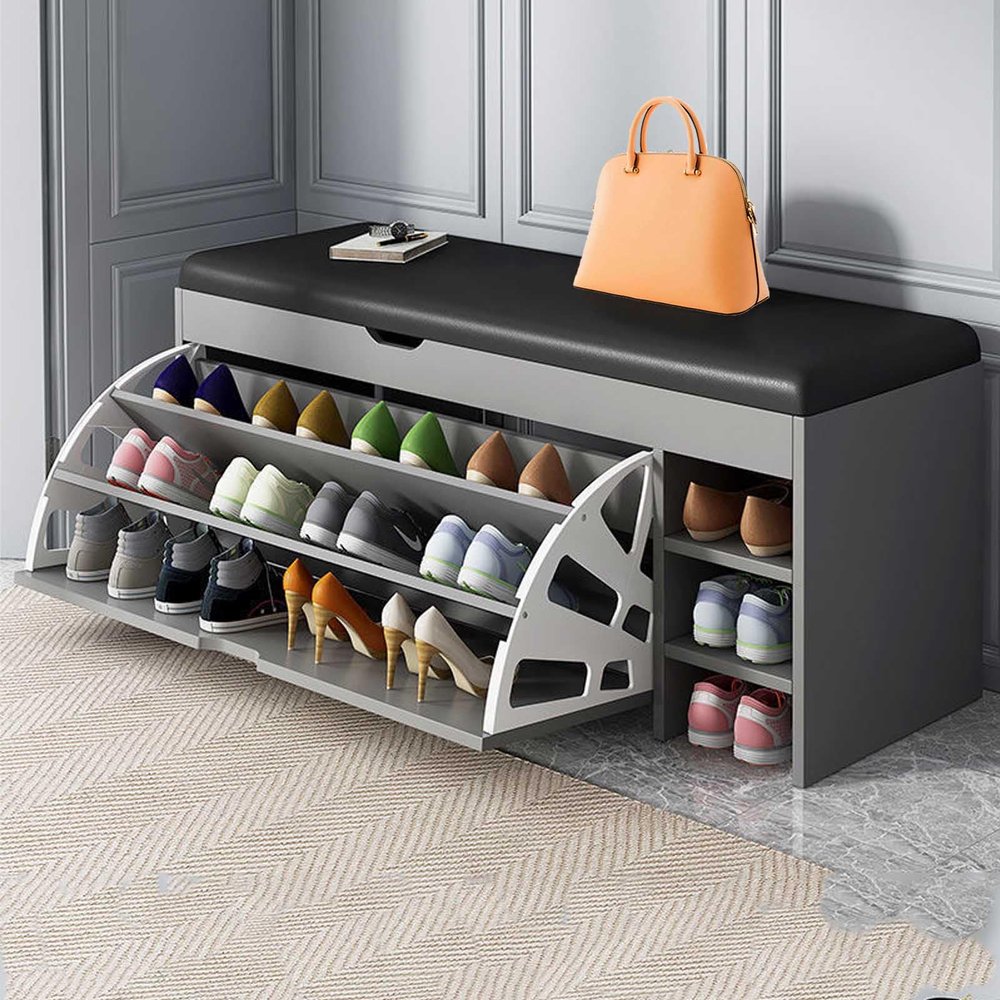 Shoe Ottoman Bench, 3 Tier Hidden Shoe Storage Cabinet with PU Leather Seat Cushion and Flip Drawer for Hallway Entryway