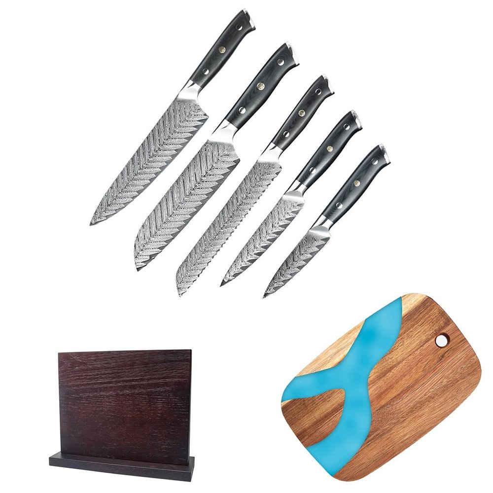 5 Piece Damascus Kitchen Knife Set With Magnetic Wooden Block and Resin Chopping Board,Sharp High Carbon Stainless Steel Blade,VG10 Core 67 Layers Blade,Full Tang G10 Handle,Beautiful Feather Pattern