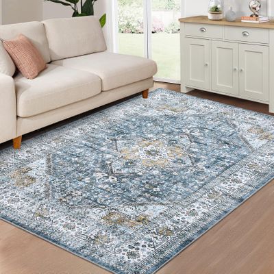 WESTLOOM Machine Washable Area Rug 5x7 Vintage Distressed Area Rug for Living Room Bedroom Traditional Medallion Floral Non-Slip Stain Resistant Accent Rug Carpet for Home Decoration, Blue