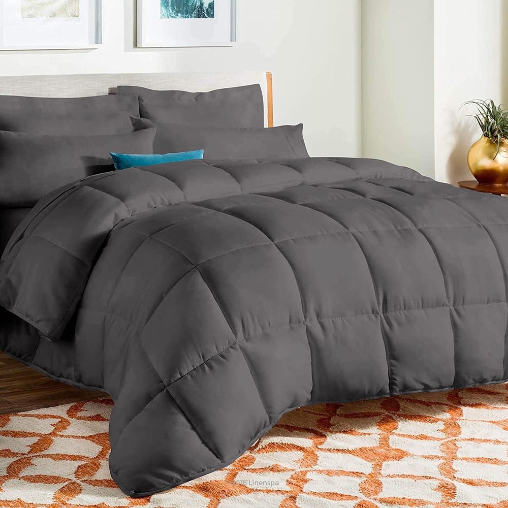 AHJ Beddings Hotel Luxury 1200 Thread Count Twin-XL Size 7 Piece Bed in a Bag (16 inch Deep Pocket Sheet Set & 300GSM Comforter) 100% Egyptian Cotton - Elephant Grey Solid