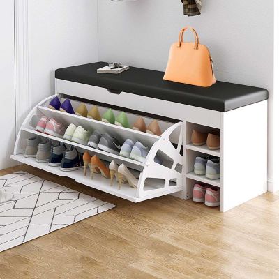 Hall Bench with Storage for Entryway, Tipping Bucket Shoe Rack with Storage and Seating, Hallway Bench for Small Space, White