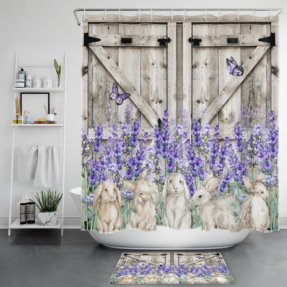 HVEST Spring Easter Bathroom Sets with Shower Curtain and Rugs,Purple Floral Lavender and Butterfly with Bunny on Vintage Wood Shower Curtains Flower Nature Plant Bathroom Curtain,70L X 70W inches