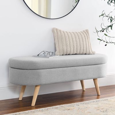 Bamskov Oval Upholstered Ottoman Bench, Storage Bench with Rubber Wood Legs, Bed Bench Suitable for Bedroom, Entryway (Grey)