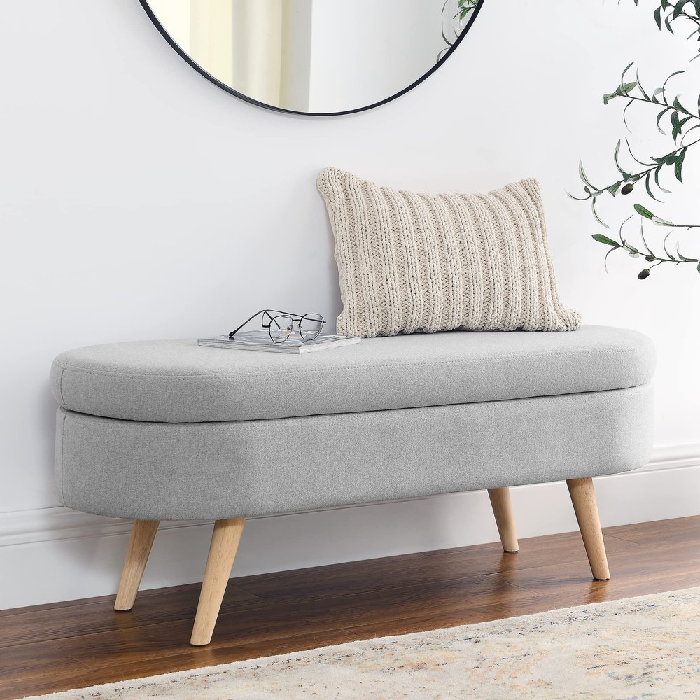 Bamskov Oval Upholstered Ottoman Bench, Storage Bench with Rubber Wood Legs, Bed Bench Suitable for Bedroom, Entryway (Grey)