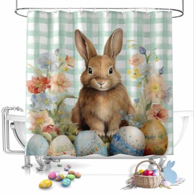ALAGEO Easter Shower Curtain Bunny Eggs Flowers Shower Curtains for Bathroom Decor Green Plaid Spring Plants Bath Curtains Sets for Spring Easter Bathroom Decor Fabric Waterproof Extra Long 72" X 78"