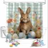ALAGEO Easter Shower Curtain Bunny Eggs Flowers Shower Curtains for Bathroom Decor Green Plaid Spring Plants Bath Curtains Sets for Spring Easter Bathroom Decor Fabric Waterproof Extra Long 72" X 78" view 1