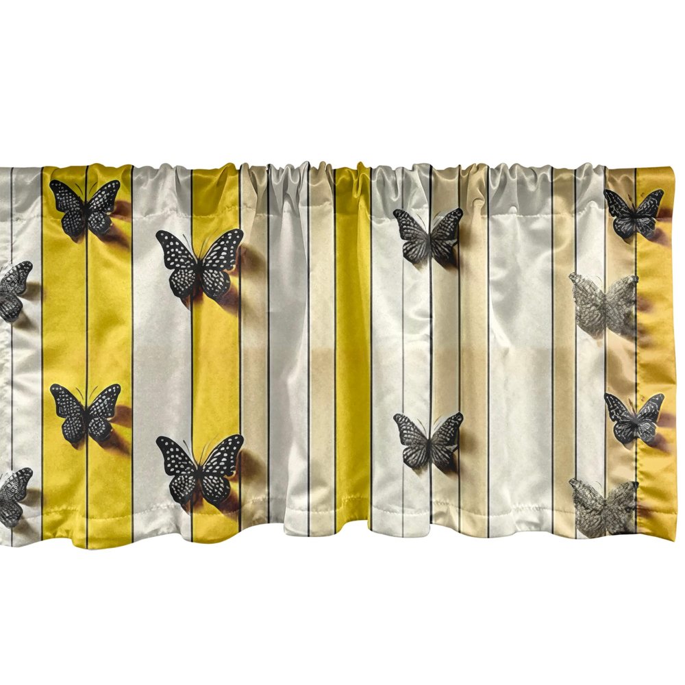 Ambesonne Butterfly Window Valance Pack of 2, Summer Tone Lines Wingy Animals with Faded Effect Print Country Vibe, Rod Pocket Curtain Valances Kitchen Bedroom, 54" X 12",Yellow Reseda Green Beige