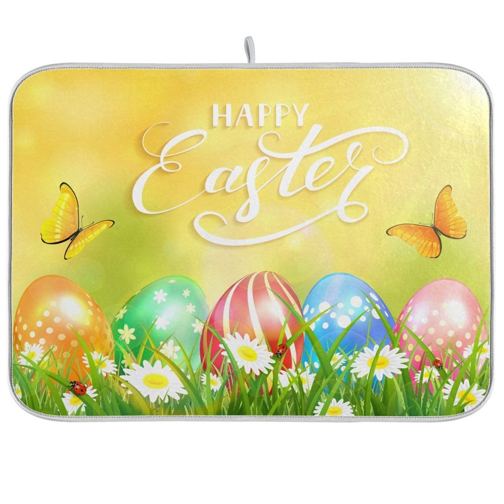 Spring Easter Eggs Butterflies Dish Drying Mat 18x24 Absorbent Yellow Dishes Pad Dish Drainer Mat Protector for Kitchen Fast Dry
