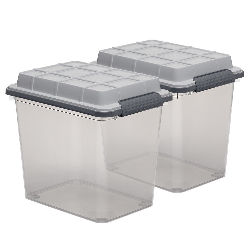 Curver Set of 2 Medium Latch PRO 29QT Heavy Duty, Water Resistant Plastic Organization and Storage Box with Extra Capacity Latching Lid, Transparent Grey