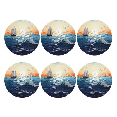 6Pcs Drink Coasters for Drinks Tabletop Protection, Ocean Waves Sailboat Leather Coaster for Kinds of Cups, Absorbent Cup Coaster for Coffee Table Home Decor 4" Cup Mat Pad