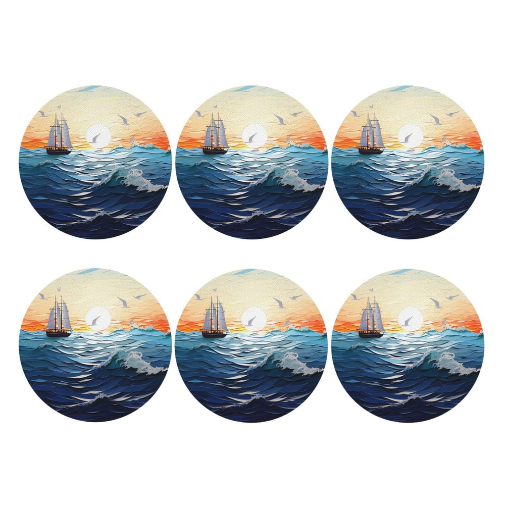6Pcs Drink Coasters for Drinks Tabletop Protection, Ocean Waves Sailboat Leather Coaster for Kinds of Cups, Absorbent Cup Coaster for Coffee Table Home Decor 4" Cup Mat Pad