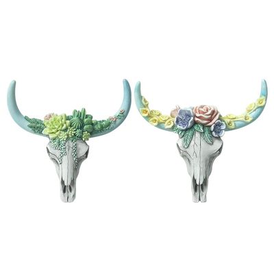 WYYHAA Cow Skull Wall Decor, Creative Succulents/Flower Rose 3D Resin White Ox Head, Animal Figurines Crafts Sculpture, Home Garden Decorations,A