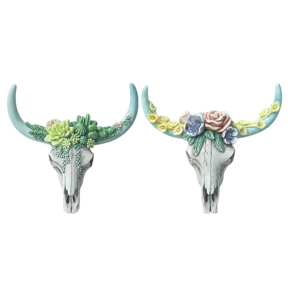 WYYHAA Cow Skull Wall Decor, Creative Succulents/Flower Rose 3D Resin White Ox Head, Animal Figurines Crafts Sculpture, Home Garden Decorations,A
