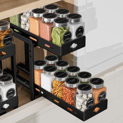 BOIVSHI Pull Out Spice Rack Organizer, 2-Tier Vertical Spice Rack, Height Adjustable for Kitchen Cabinet (5.3''Wx10.8''Dx9.2''H, Metal Black)