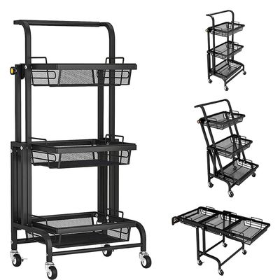 3 Tier Collapsible Rolling Carts with Wheels, Moving Easily Closet Organizer, Storage Shelves for Living Room, Kitchen, Bathroom, Bedroom and Office
