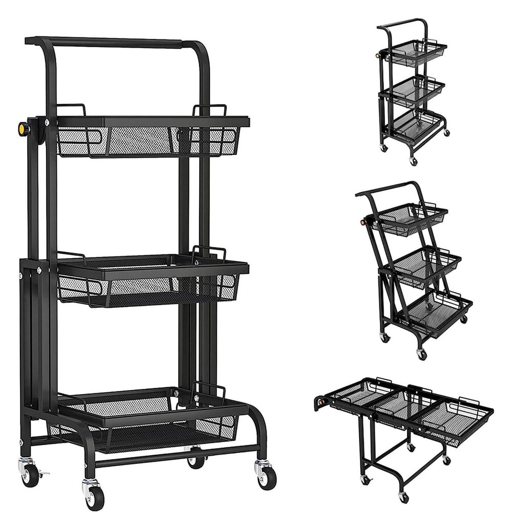 3 Tier Collapsible Rolling Carts with Wheels, Moving Easily Closet Organizer, Storage Shelves for Living Room, Kitchen, Bathroom, Bedroom and Office